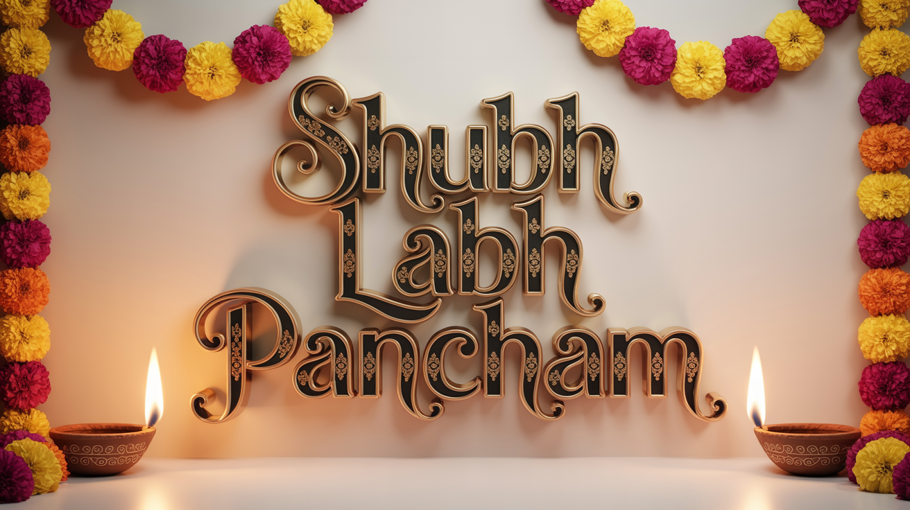 An elegant typography mockup for Labh Pancham, featuring the words 'Shubh Labh Pancham' in ornate golden script, decorated with marigold flowers and lit oil lamps on a clean white background.