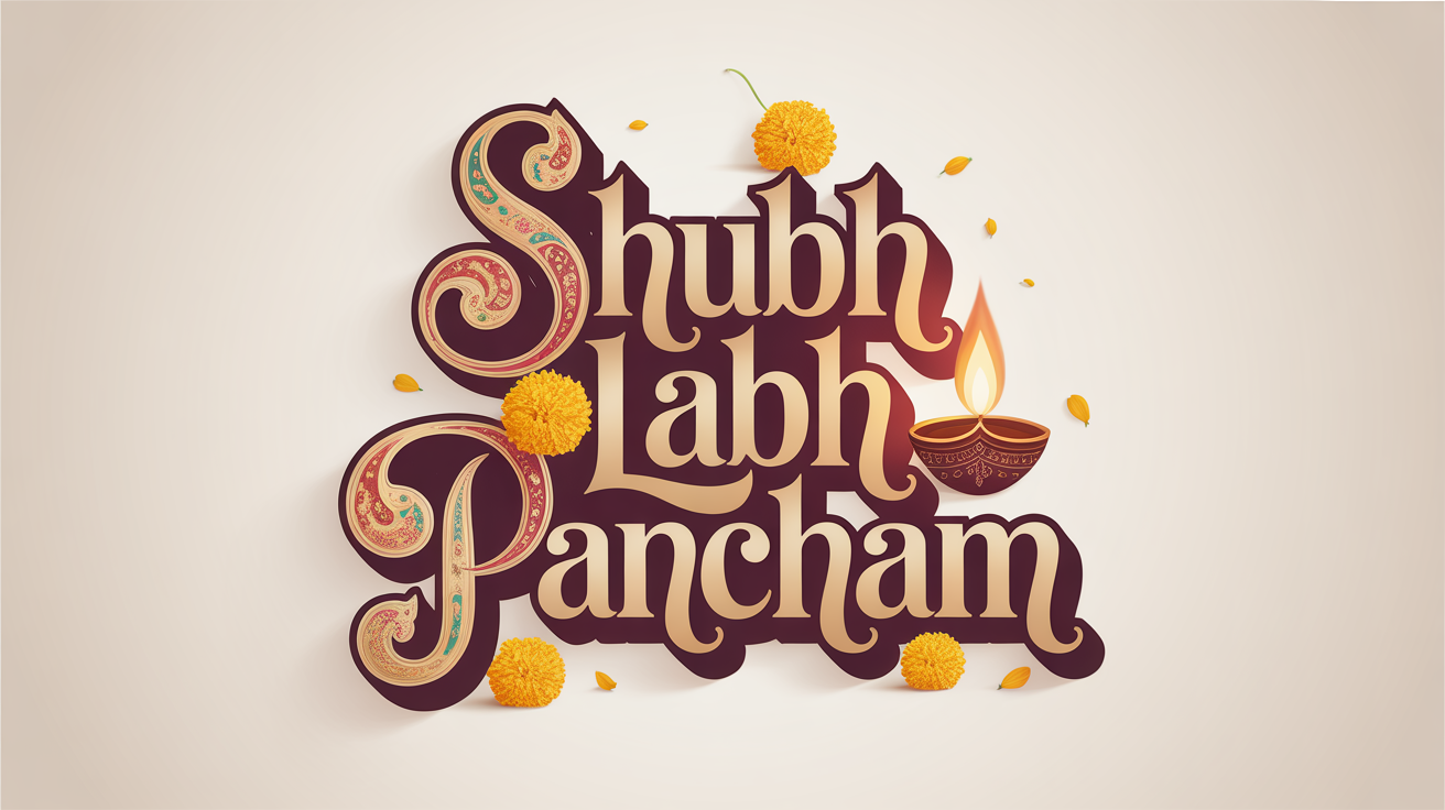 Elegant typography of 'Shubh Labh Pancham' in gold and maroon, celebrating the Hindu festival, presented on a clean white background with marigold petals.