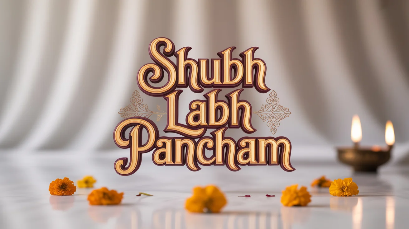 Elegant typography spelling out 'Shubh Labh Pancham' in a 3D golden Indian calligraphic style, set against a pristine white background with festive elements like marigold petals.