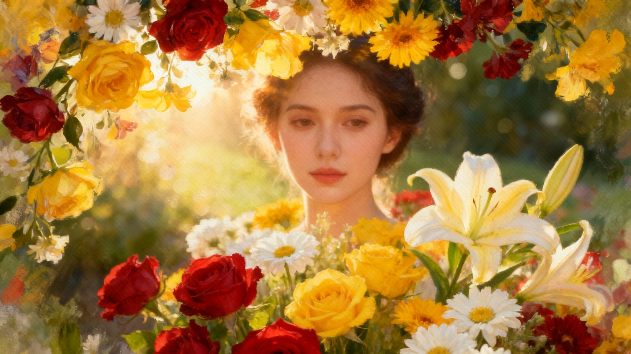 A professionally edited portrait of a woman, beautifully framed by a digital overlay of colorful, glowing flowers like roses and lilies.