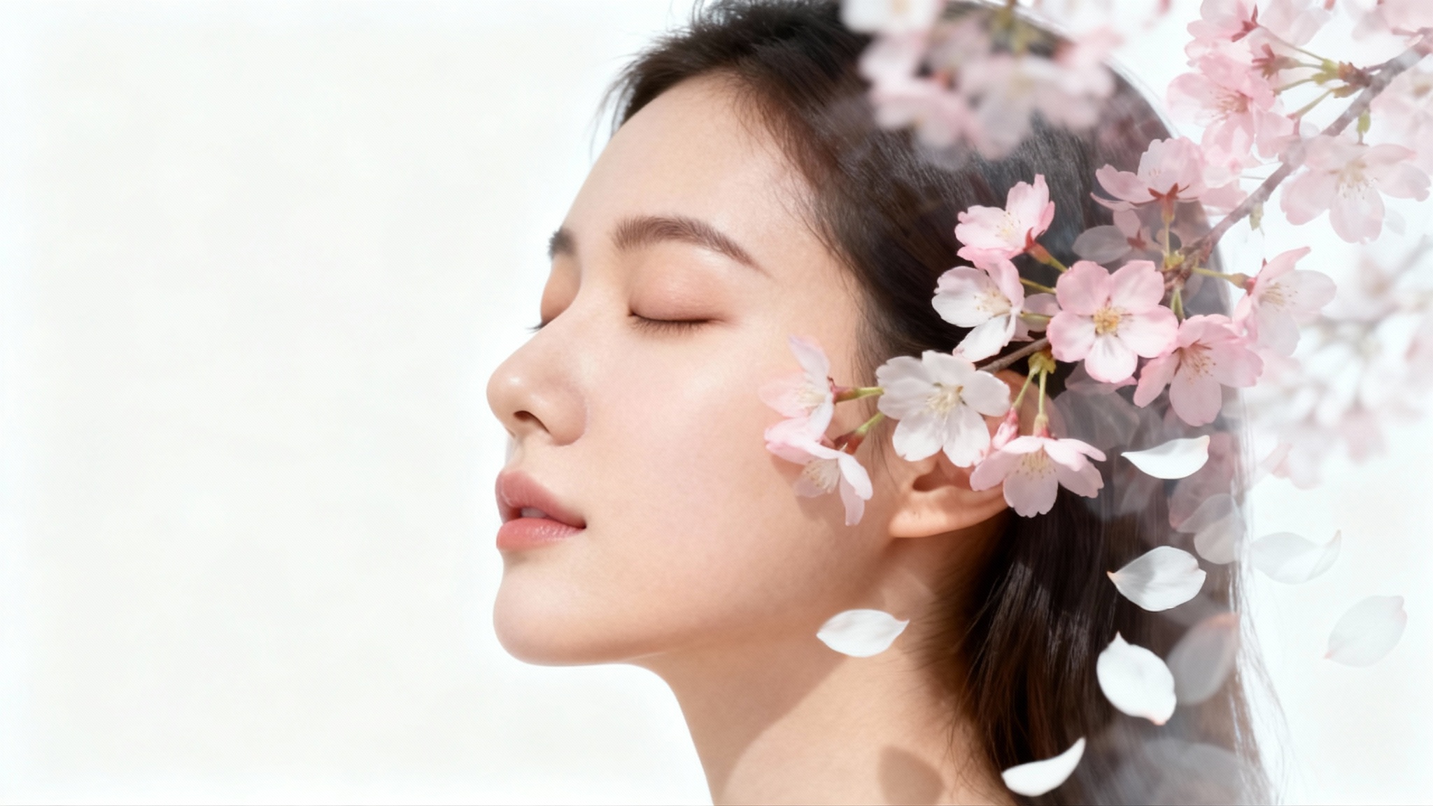 An artistic double exposure portrait showing a woman's profile with delicate, transparent pink and white flowers overlaid on her face and hair against a clean white background.
