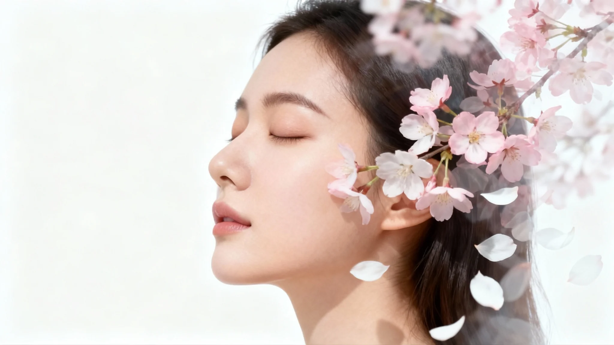 An artistic double exposure portrait showing a woman's profile with delicate, transparent pink and white flowers overlaid on her face and hair against a clean white background.