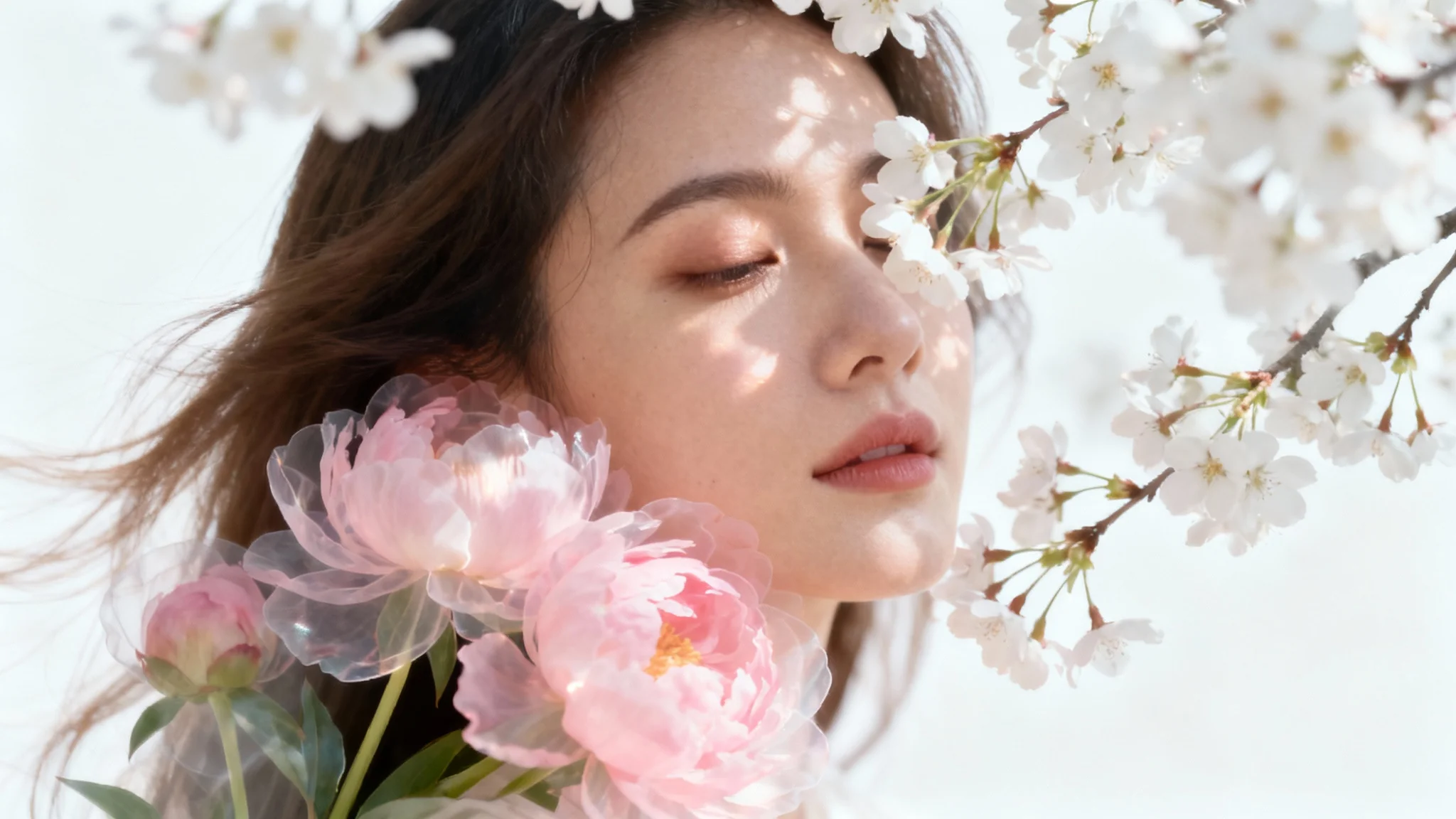 An artistic portrait of a woman's face elegantly blended with a semi-transparent overlay of pink and white flowers, set against a plain white background.