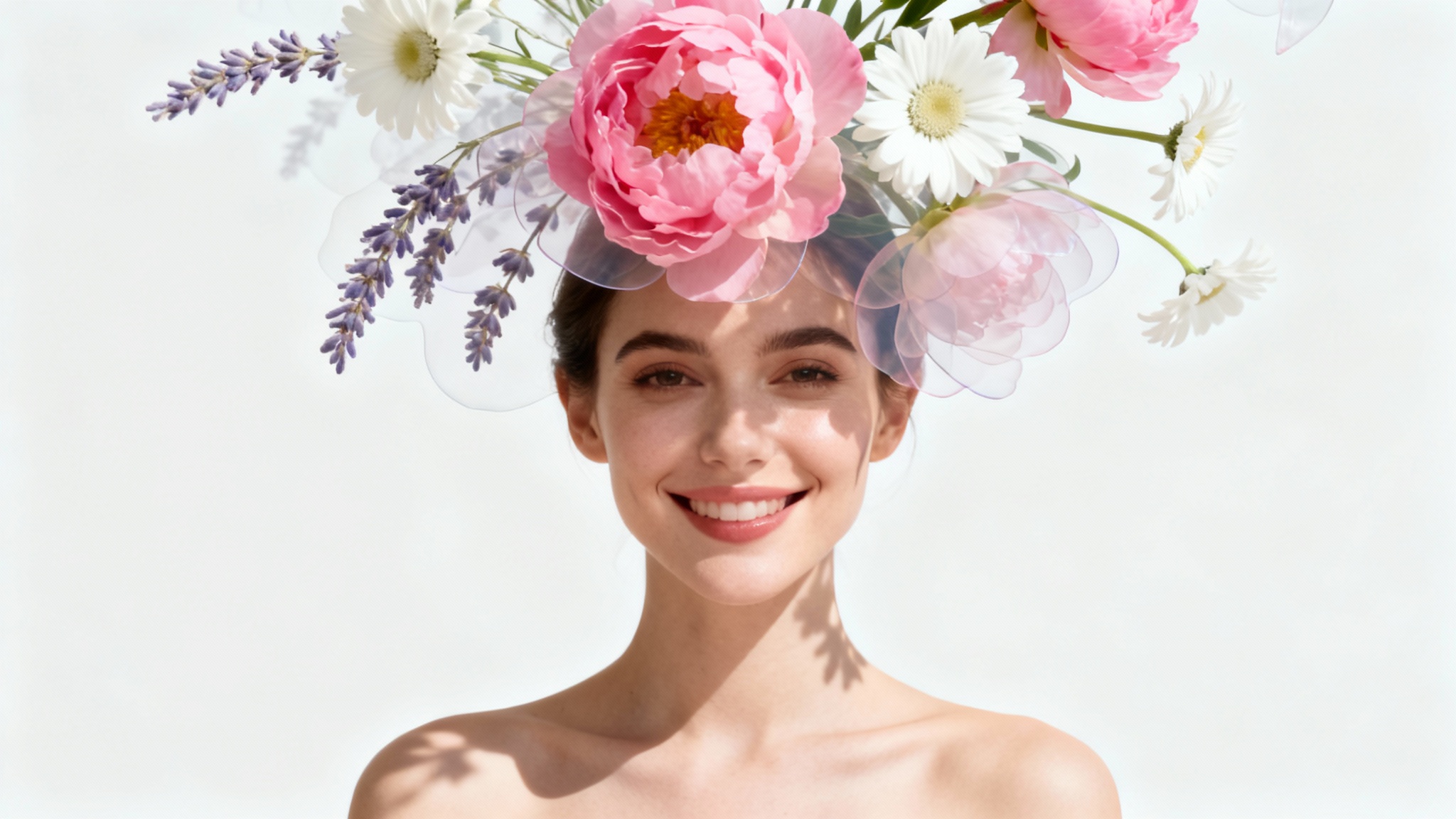 A beautiful portrait of a woman with an artistic overlay of delicate pink and white flowers, demonstrating a creative flower overlay effect on a white background.