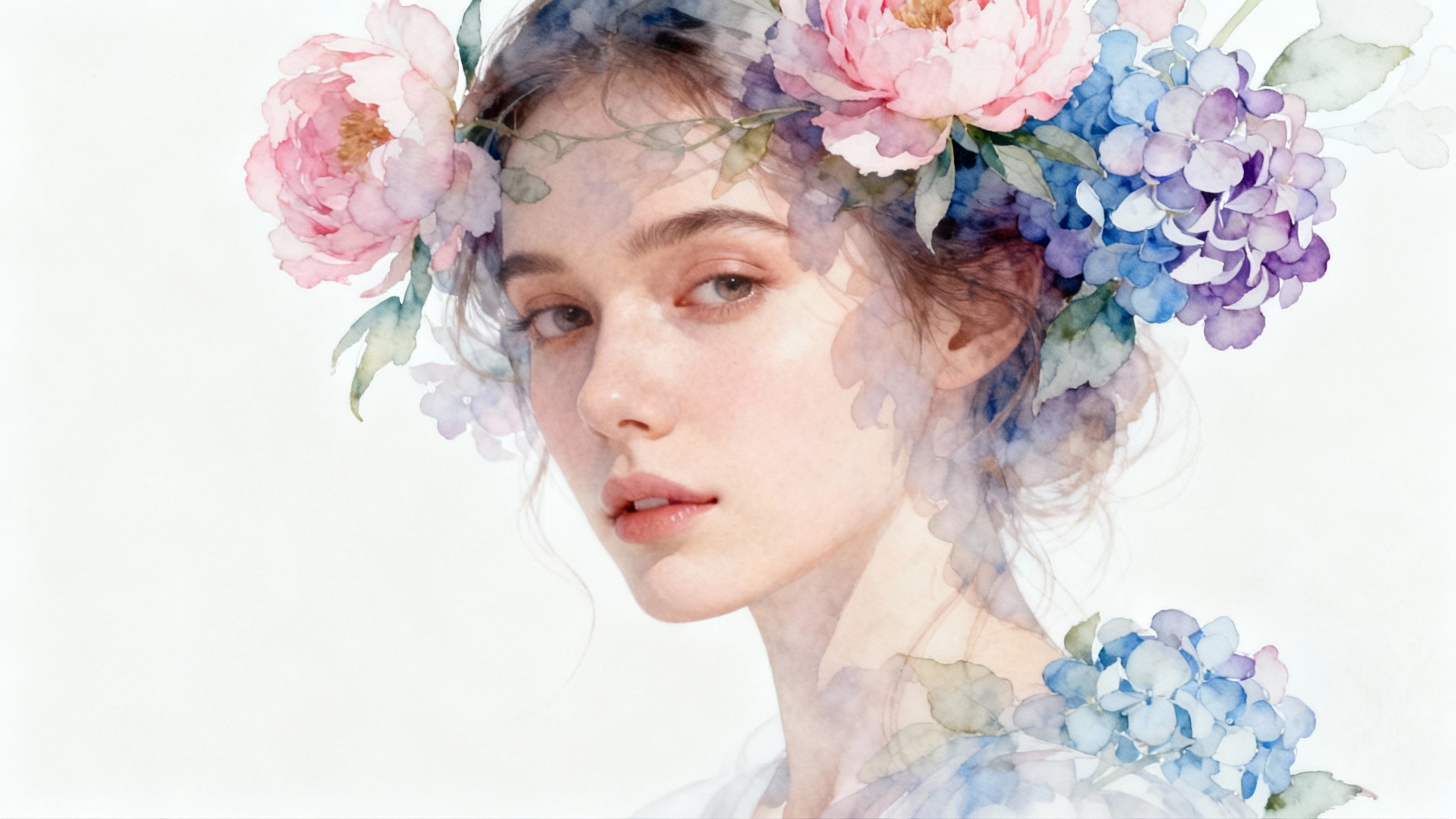 A photorealistic portrait of a woman's face artistically merged with a translucent overlay of soft pastel watercolor flowers, set against a plain white background.