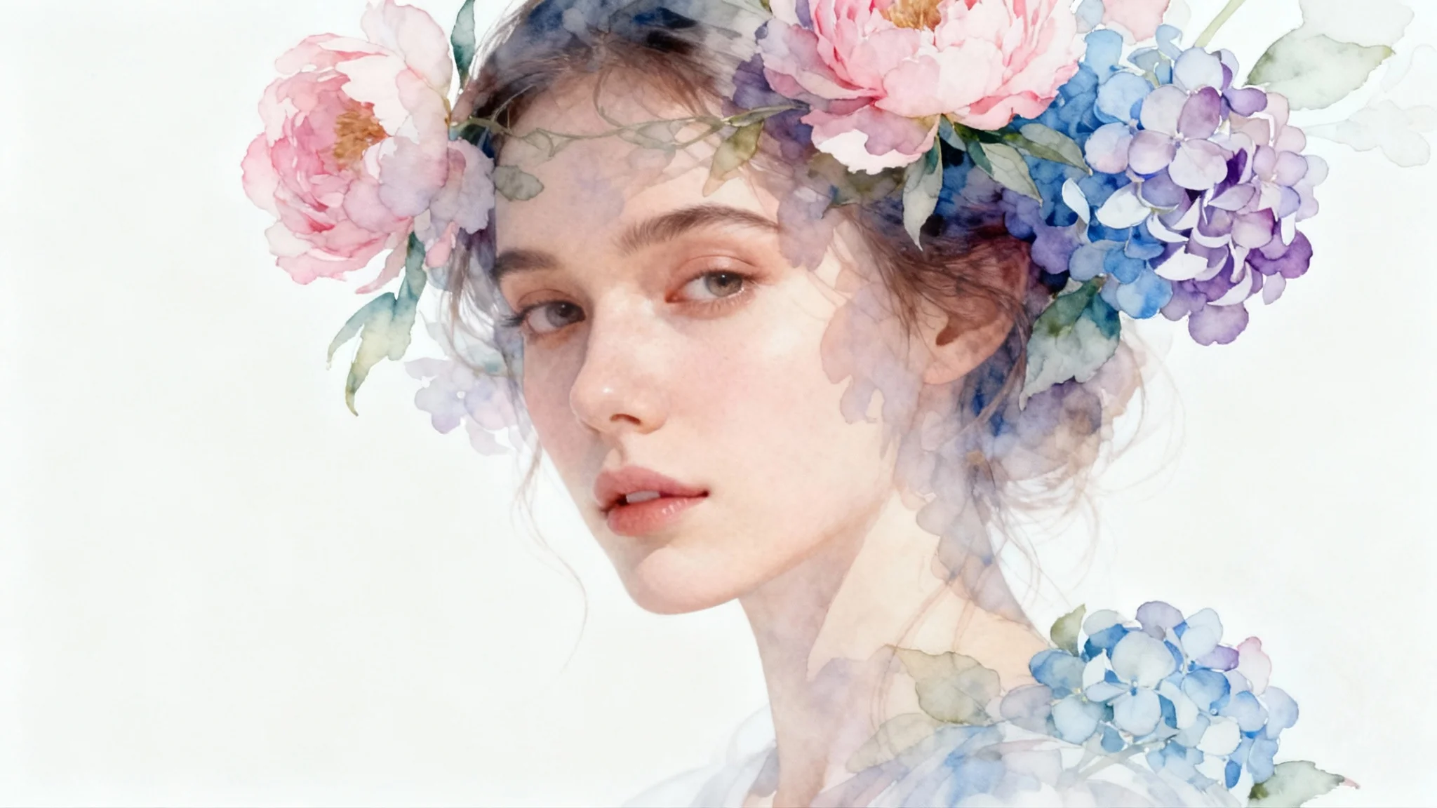 A photorealistic portrait of a woman's face artistically merged with a translucent overlay of soft pastel watercolor flowers, set against a plain white background.