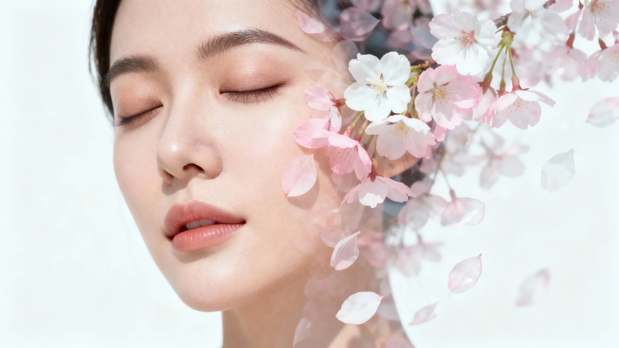 A portrait of a woman with a beautiful overlay of translucent pink cherry blossoms, creating a dreamy double-exposure effect, on a white background.
