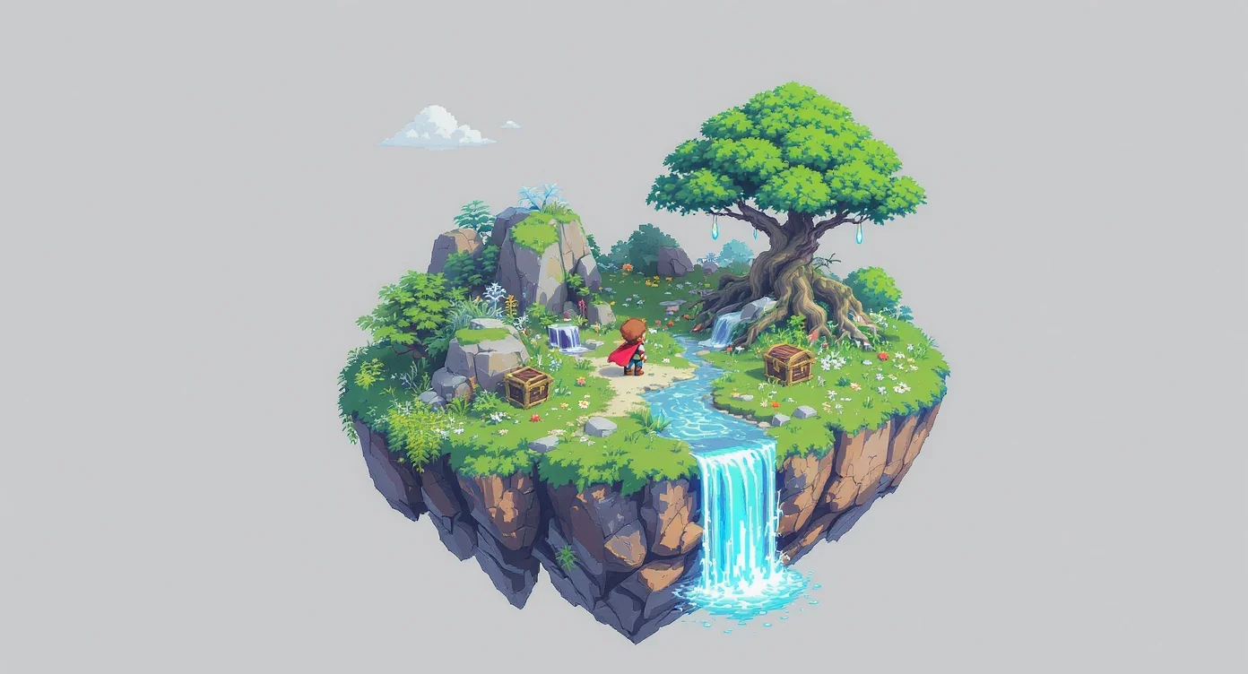 An isometric pixel art illustration of a small, green floating island against a white background. A tiny adventurer stands on the island, which features a tree, a waterfall, and a treasure chest.