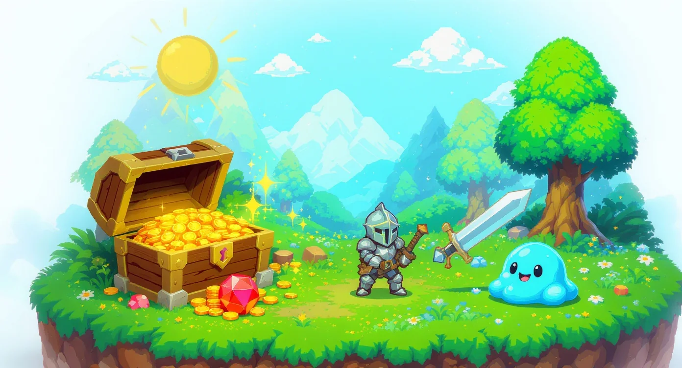 A detailed pixel art scene from a fantasy game, featuring a knight with a sword, a cute blue slime monster, and an open treasure chest full of gold on a grassy field.
