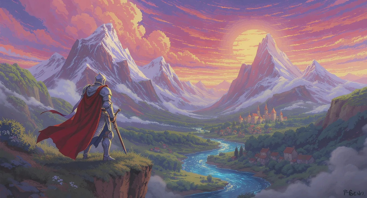A vibrant and detailed 16-bit pixel art landscape featuring a knight on a cliff overlooking a valley with a village, set against a sunset and mountains.