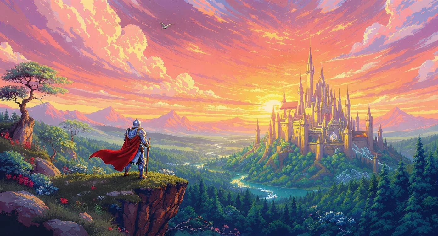 A detailed pixel art scene of a knight in armor overlooking a fantasy kingdom with a large castle at sunset, presented as a finished piece of art.