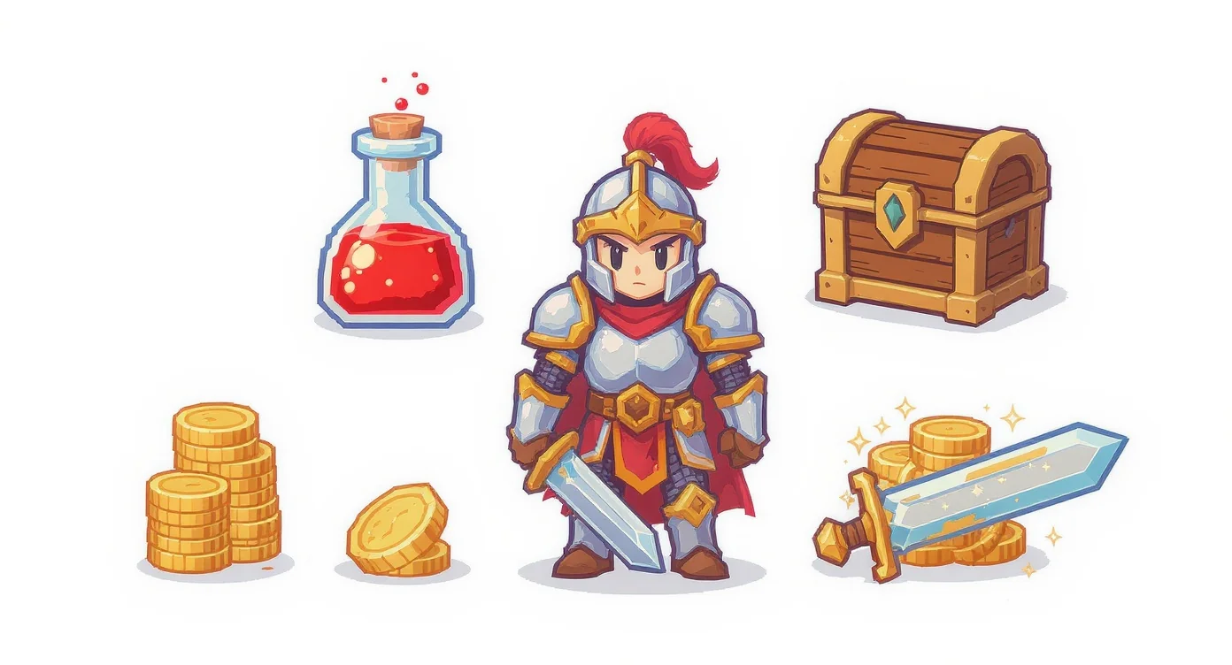 A collection of 16-bit pixel art assets for a fantasy game, displayed on a white background, including a knight character, a treasure chest, gold coins, and a potion.