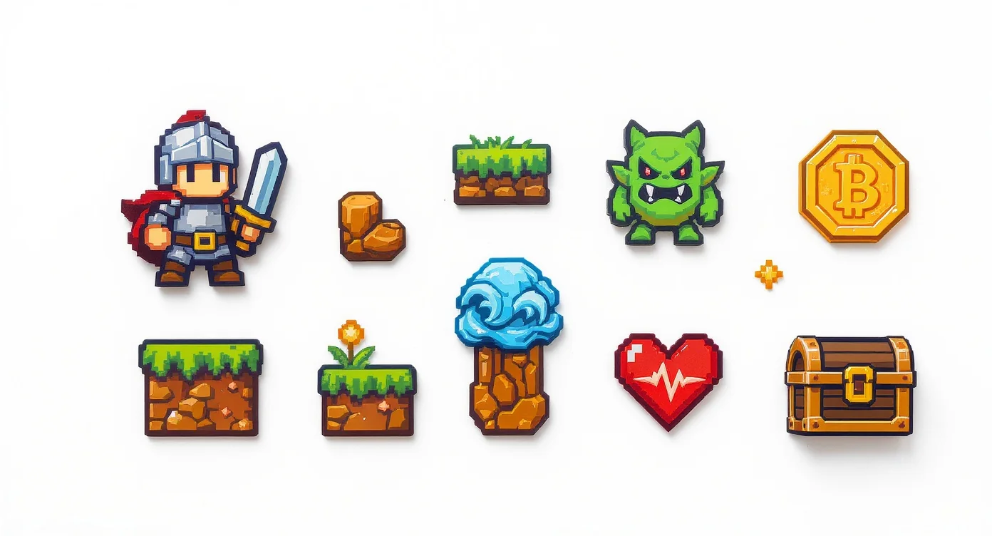A collection of 16-bit pixel art assets, including a knight, a goblin, and game items like coins and hearts, arranged on a plain white background.