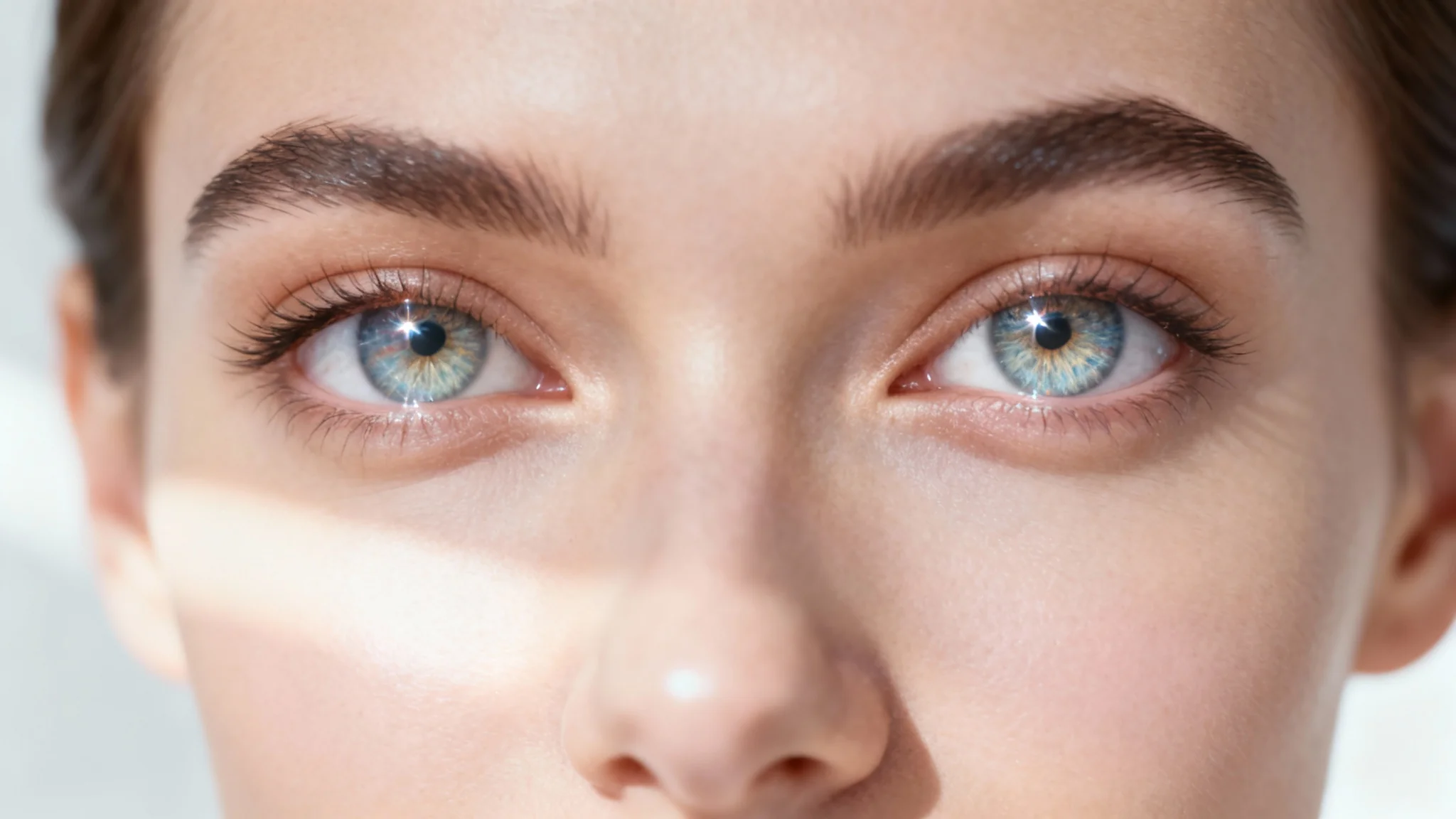 A professionally retouched close-up portrait of a woman showcasing the 'eye opener' effect, where her eyes are digitally enhanced to be exceptionally bright, clear, and vibrant.