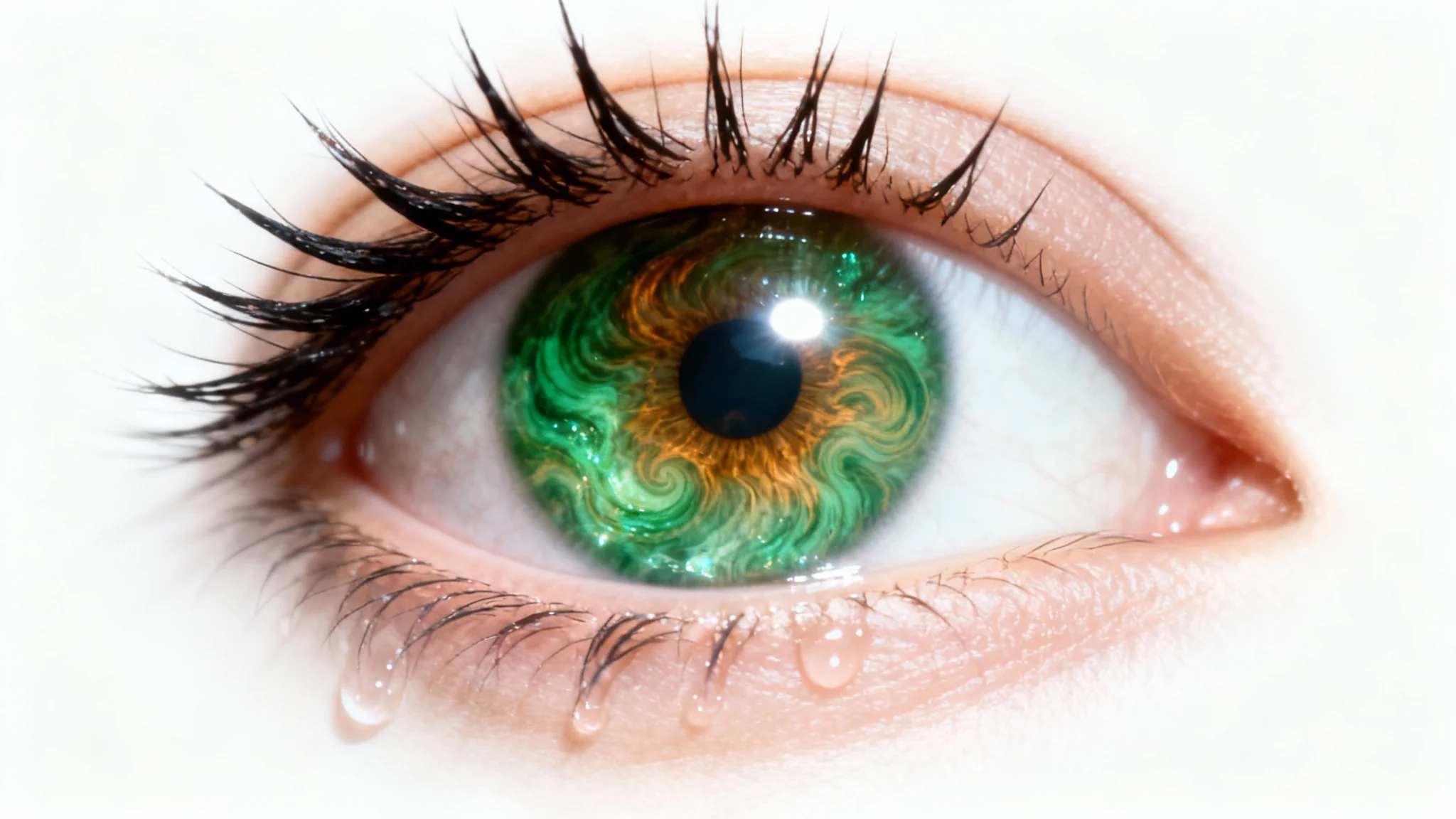 A hyper-realistic macro shot of a wide-open green eye against a stark white background, symbolizing a moment of realization and clarity.