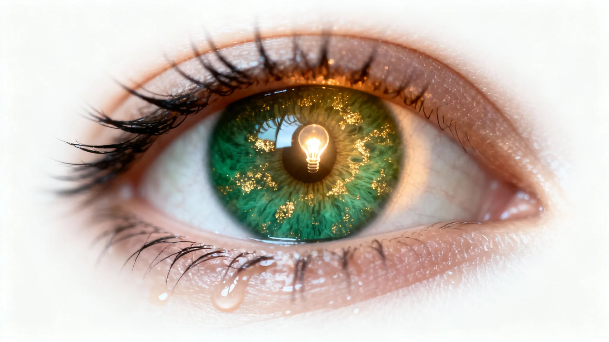 A photorealistic macro image of a human eye with a green and gold iris. A soft light glows from the pupil, representing an eye-opening moment of clarity and a new idea.