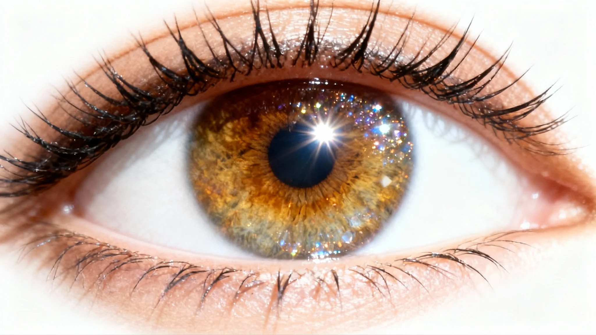 A hyperrealistic close-up of a woman's bright and vibrant eye, set against a plain white background. The eye is in sharp focus, showing intricate details in the hazel iris and a reflection of light.