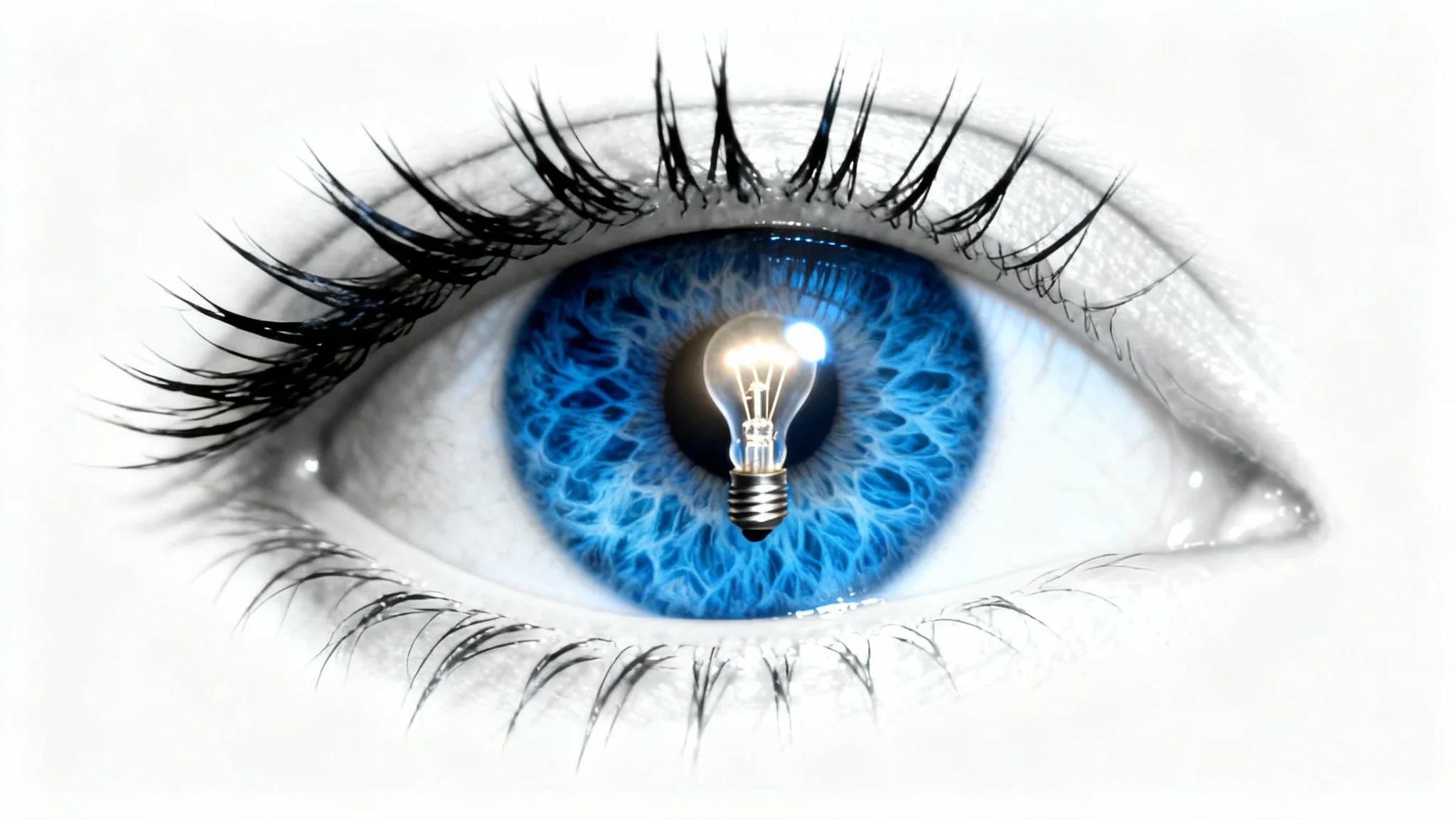 A hyper-realistic macro shot of a wide-open human eye with a lightbulb filament reflected in the pupil, symbolizing a moment of realization, set against a stark white background.