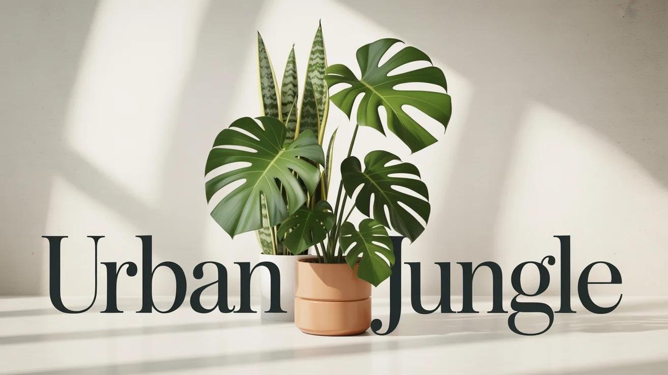 A modern graphic design poster featuring stylized illustrations of houseplants like a Monstera and Fiddle Leaf Fig, with the text 'Urban Jungle' in a stylish font.