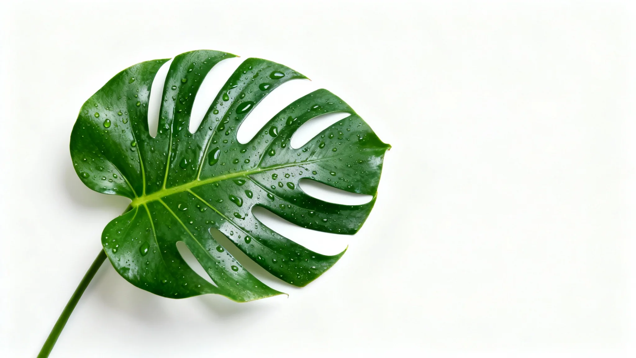A close-up, detailed photograph of a single, vibrant green Monstera leaf with water droplets on its surface, set against a stark white background.