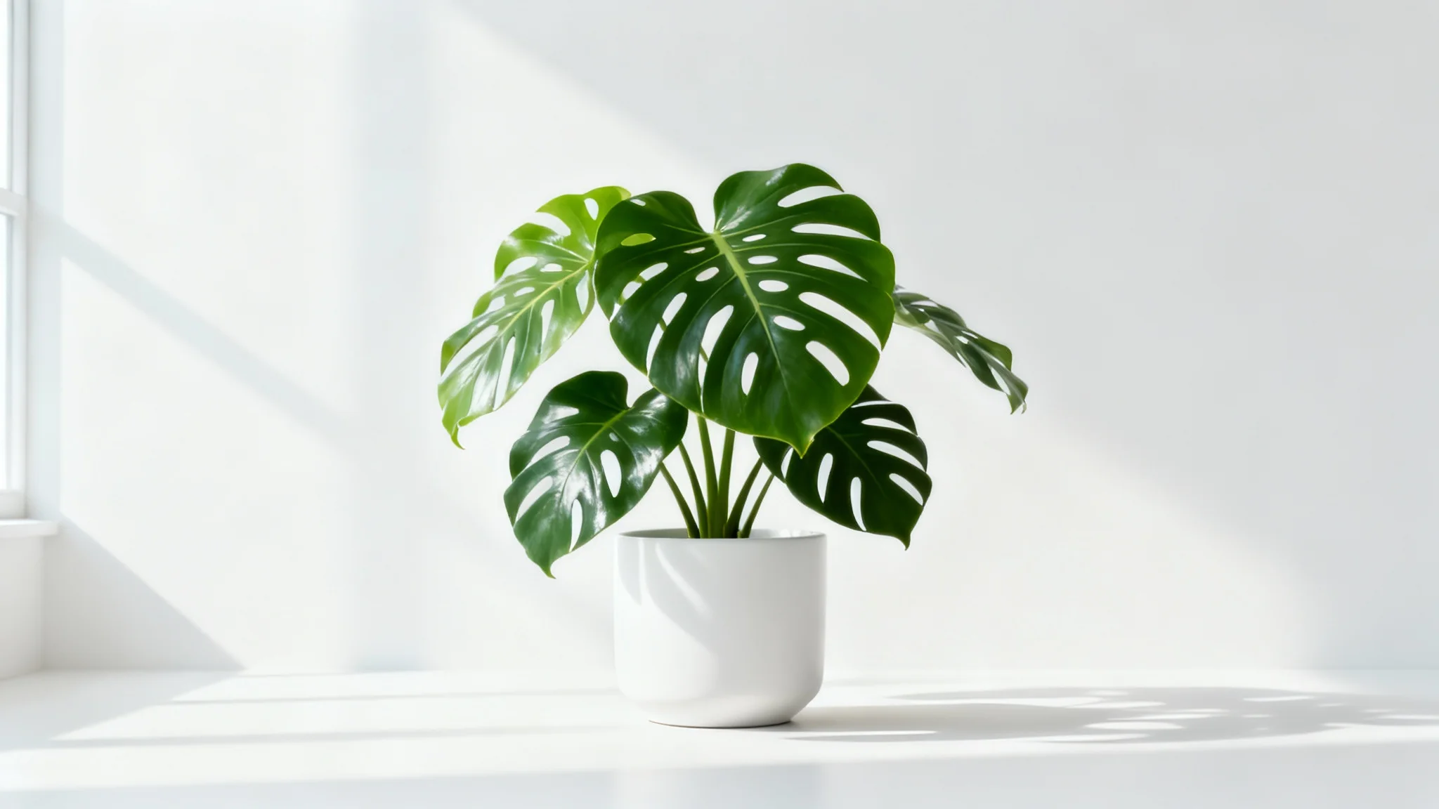 A healthy Monstera Deliciosa plant with large, glossy green leaves, potted in a modern white ceramic planter against a plain white background.