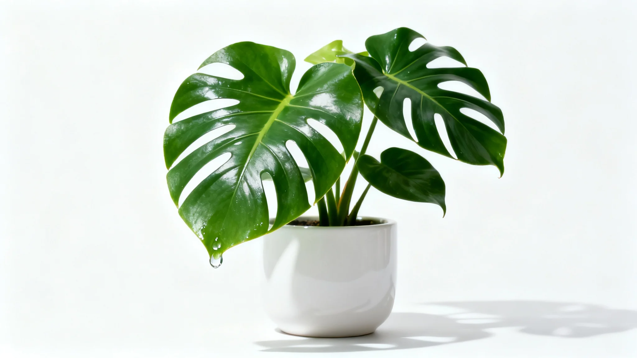 A photorealistic image of a healthy Monstera Deliciosa plant in a white ceramic pot, with a single water droplet on a leaf, set against a clean white background.