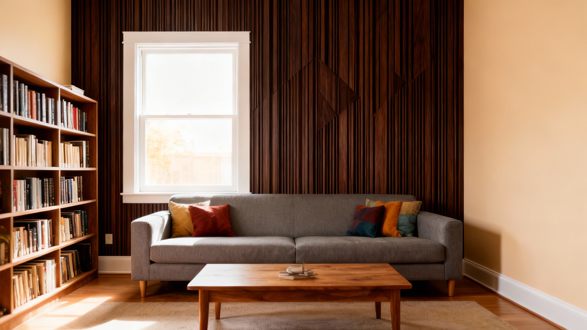 An eye-catching hero image of a modern living room after a design transformation, featuring a beautiful accent wall with a sophisticated texture like wood slats or geometric wallpaper.