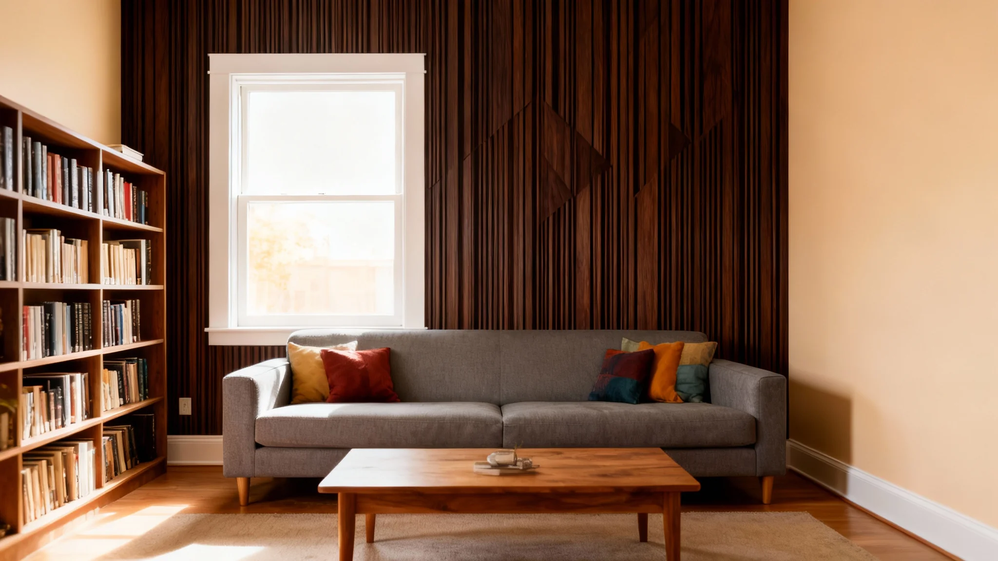 An eye-catching hero image of a modern living room after a design transformation, featuring a beautiful accent wall with a sophisticated texture like wood slats or geometric wallpaper.