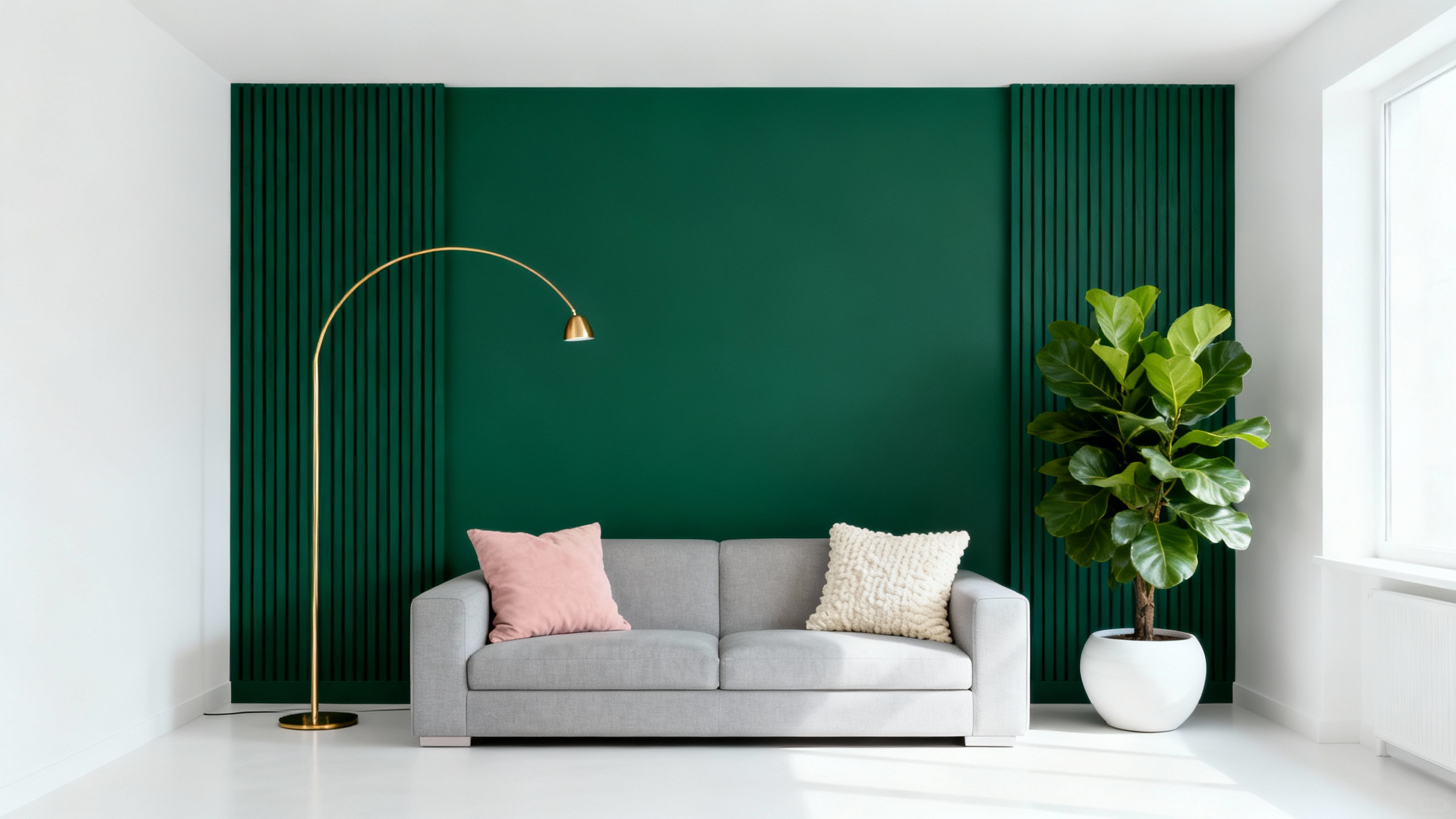 A photorealistic image of a modern living room featuring a dark emerald green accent wall with wood slats behind a light gray sofa.