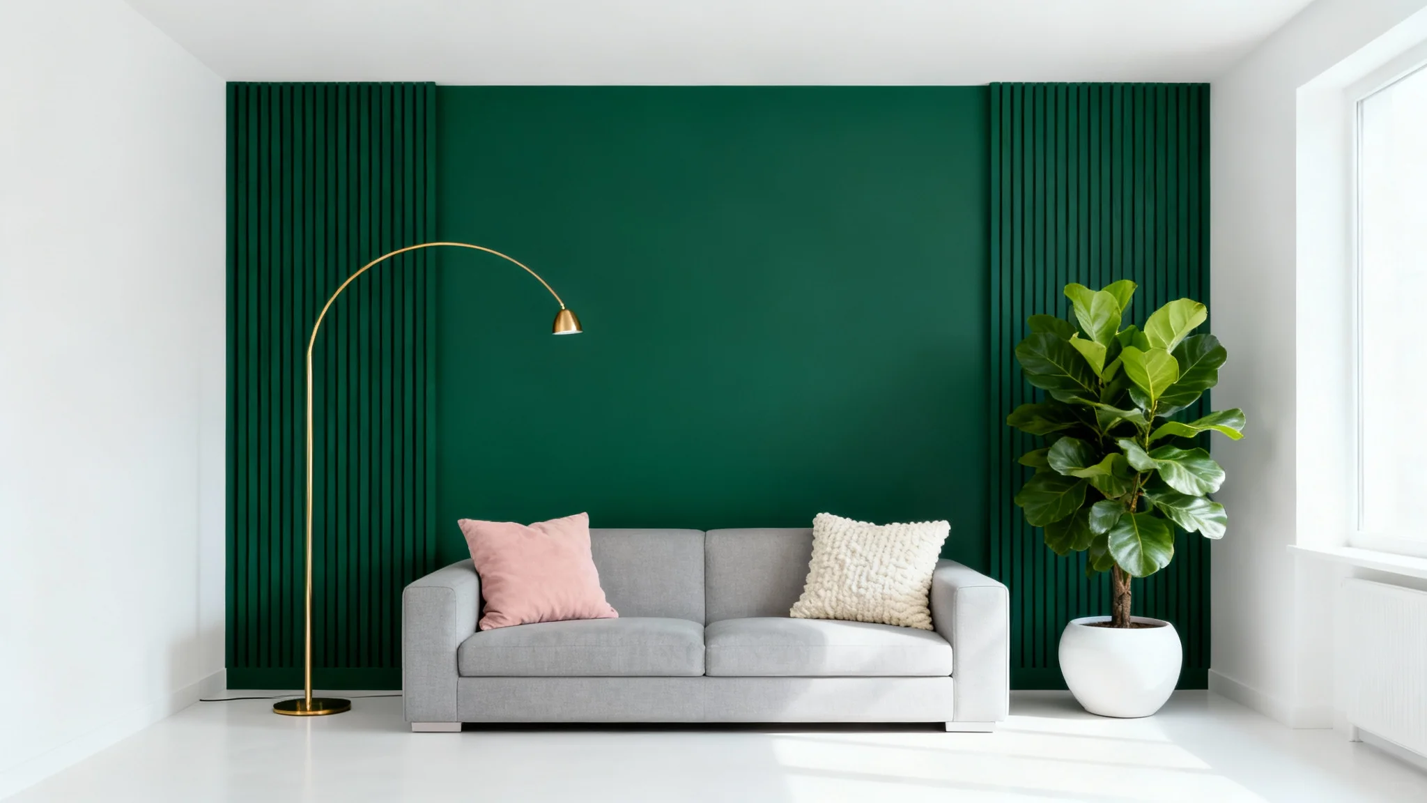 A photorealistic image of a modern living room featuring a dark emerald green accent wall with wood slats behind a light gray sofa.