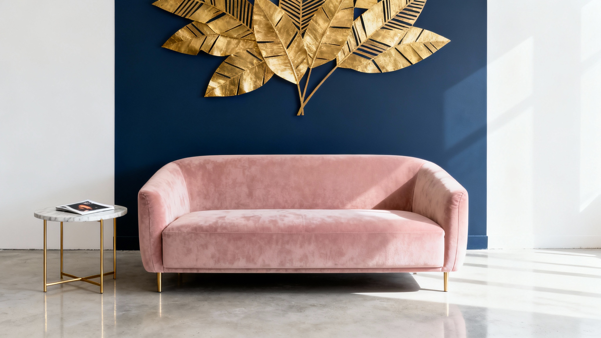 A hyper-realistic mockup of a modern living room featuring a striking accent wall with a navy and gold geometric pattern, complemented by a pink velvet sofa, against a clean white background.