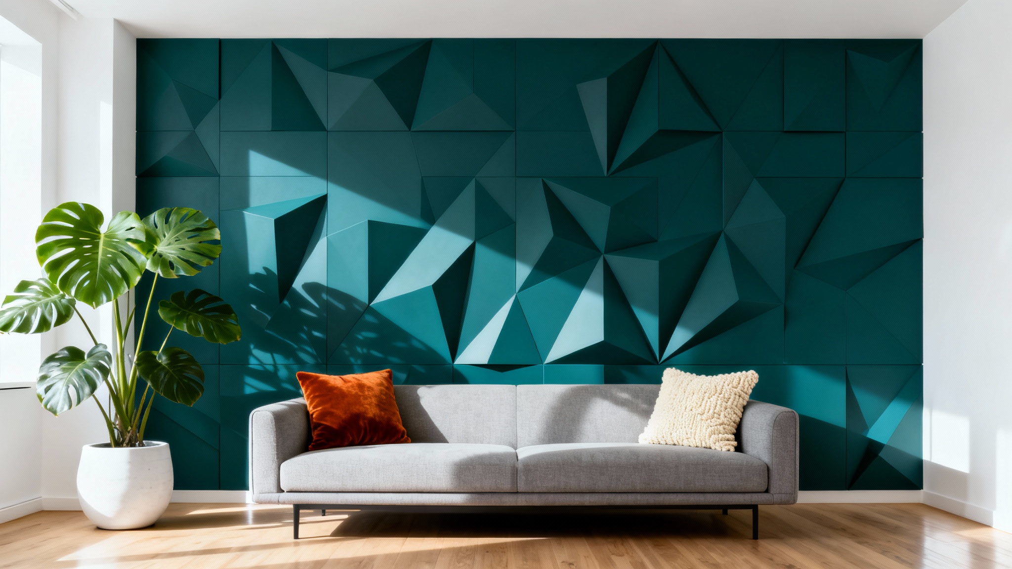 A modern living room with a deep teal geometric accent wall, a light gray sofa, and a large potted plant, creating a stylish and contemporary look.