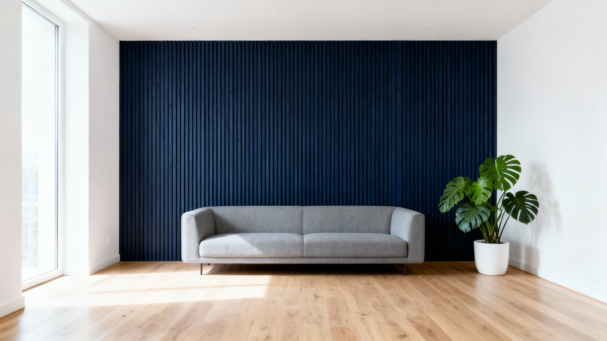 A photorealistic mockup of a modern living room showcasing a dark navy blue accent wall with vertical wood slats, complemented by a light grey sofa and a large potted plant.