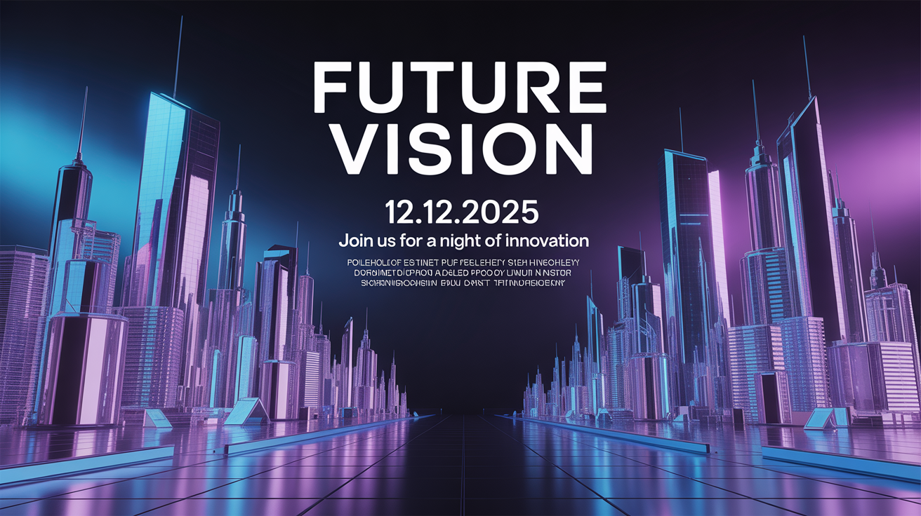 A dark blue and purple futuristic event flyer featuring a holographic cityscape. The flyer has bold text that reads 'FUTURE VISION', '12.12.2025', and 'JOIN US FOR A NIGHT OF INNOVATION'.