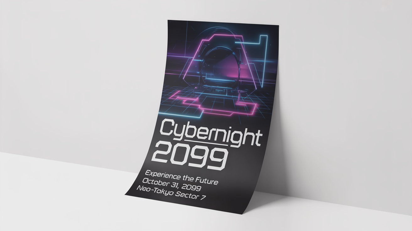 A futuristic event flyer mockup for an event called 'CYBERNIGHT 2099', featuring a dark background with neon blue and magenta lines, placed on a plain white surface.
