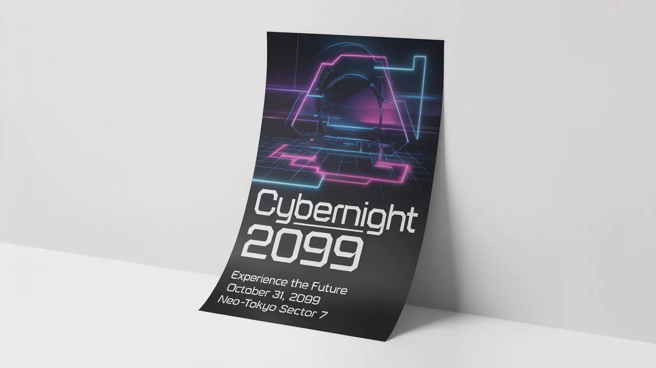 A futuristic event flyer mockup for an event called 'CYBERNIGHT 2099', featuring a dark background with neon blue and magenta lines, placed on a plain white surface.
