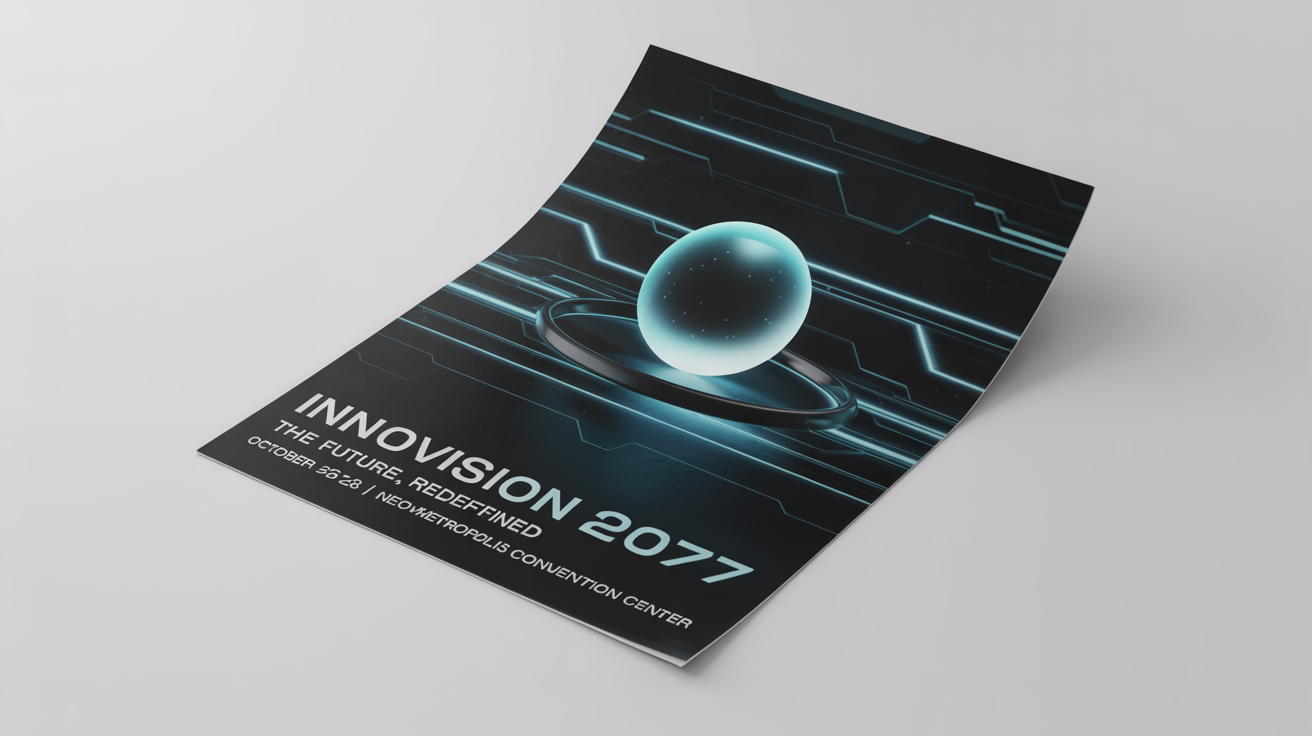 A photorealistic mockup of a futuristic flyer for a tech conference called 'Innovision 2077', featuring a dark design with neon blue graphics on a white background.