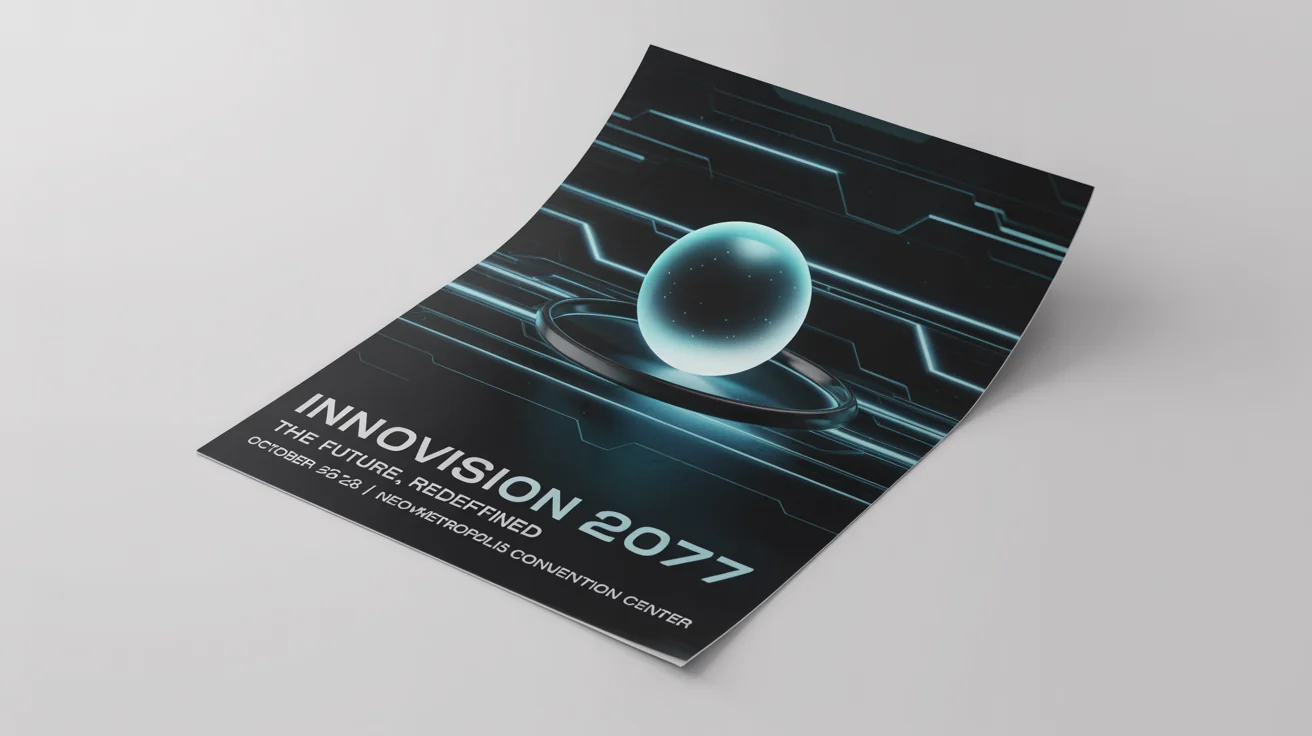 A photorealistic mockup of a futuristic flyer for a tech conference called 'Innovision 2077', featuring a dark design with neon blue graphics on a white background.