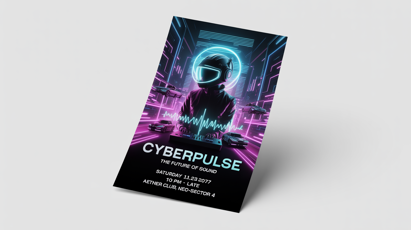 A mockup of a futuristic event flyer for an event called 'Cyberpulse', featuring a DJ in a glowing helmet in a neon cyberpunk city. The flyer is shown at an angle on a white background.