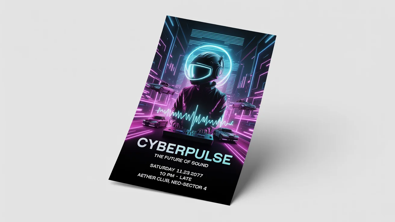 A mockup of a futuristic event flyer for an event called 'Cyberpulse', featuring a DJ in a glowing helmet in a neon cyberpunk city. The flyer is shown at an angle on a white background.