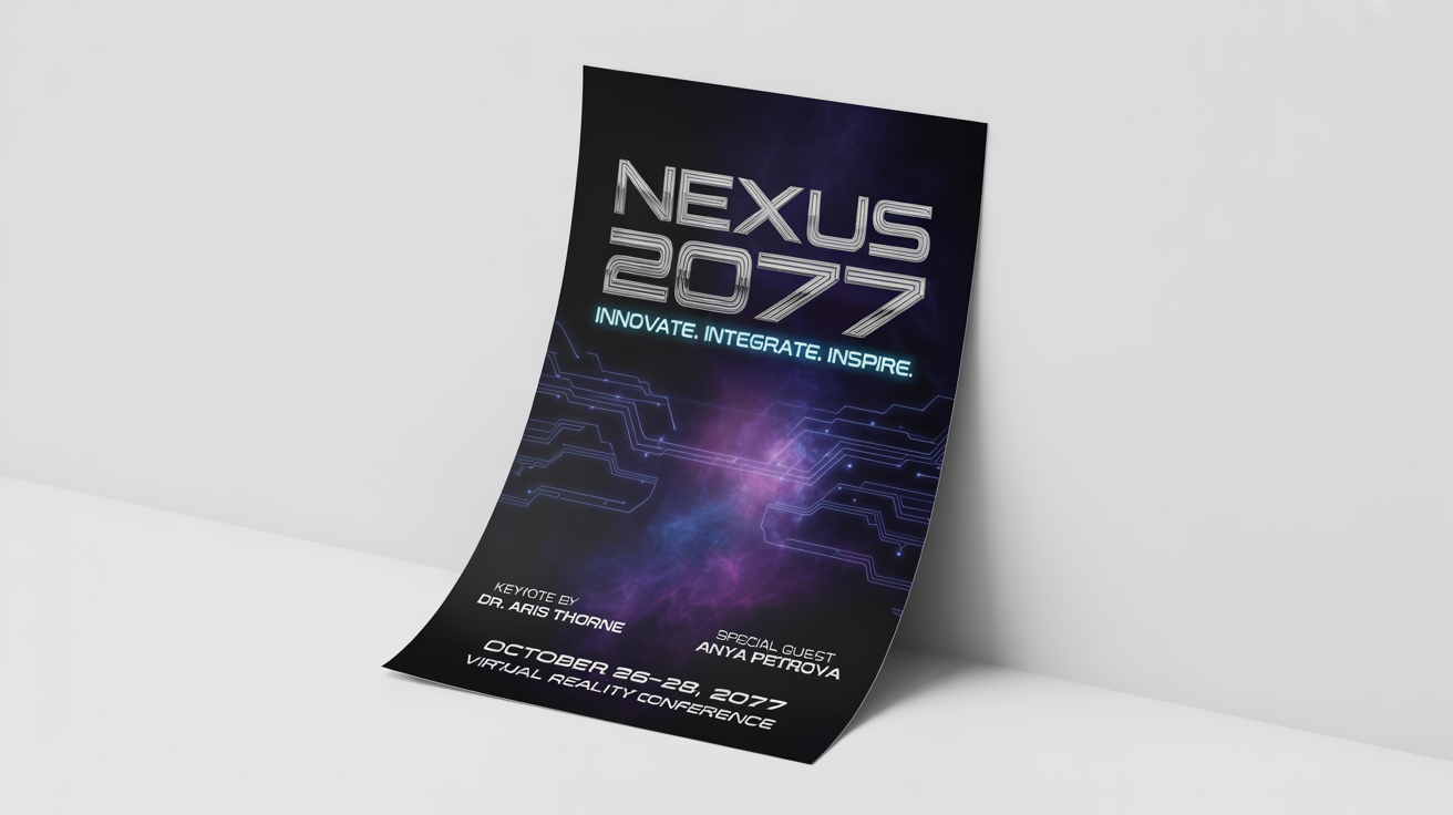 A photorealistic mockup of a futuristic flyer for an event called 'NEXUS 2077'. The flyer has a dark purple, tech-inspired design and is displayed at an angle on a white background.