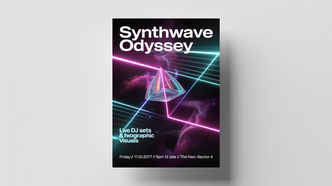 A mockup of a futuristic flyer for a music event called 'SYNTHWAVE ODYSSEY'. The design features a dark space background with vibrant neon geometric lines and holographic elements, all set against a plain white background.