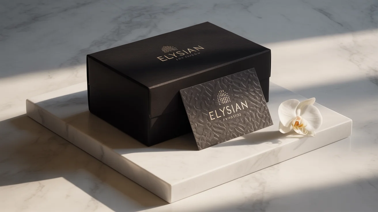 An elegant branding set featuring a matte black box and business card, with a luxurious logo and the word 'Elysian' applied in a shimmering, textured gold foil, displayed on a white marble background.