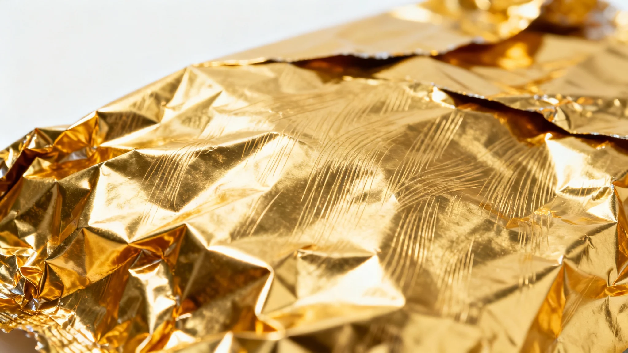 A detailed, close-up photograph showcasing a luxurious gold foil texture. The foil is slightly crumpled, with light beautifully reflecting off its metallic, wrinkled surface, all set against a clean white background.