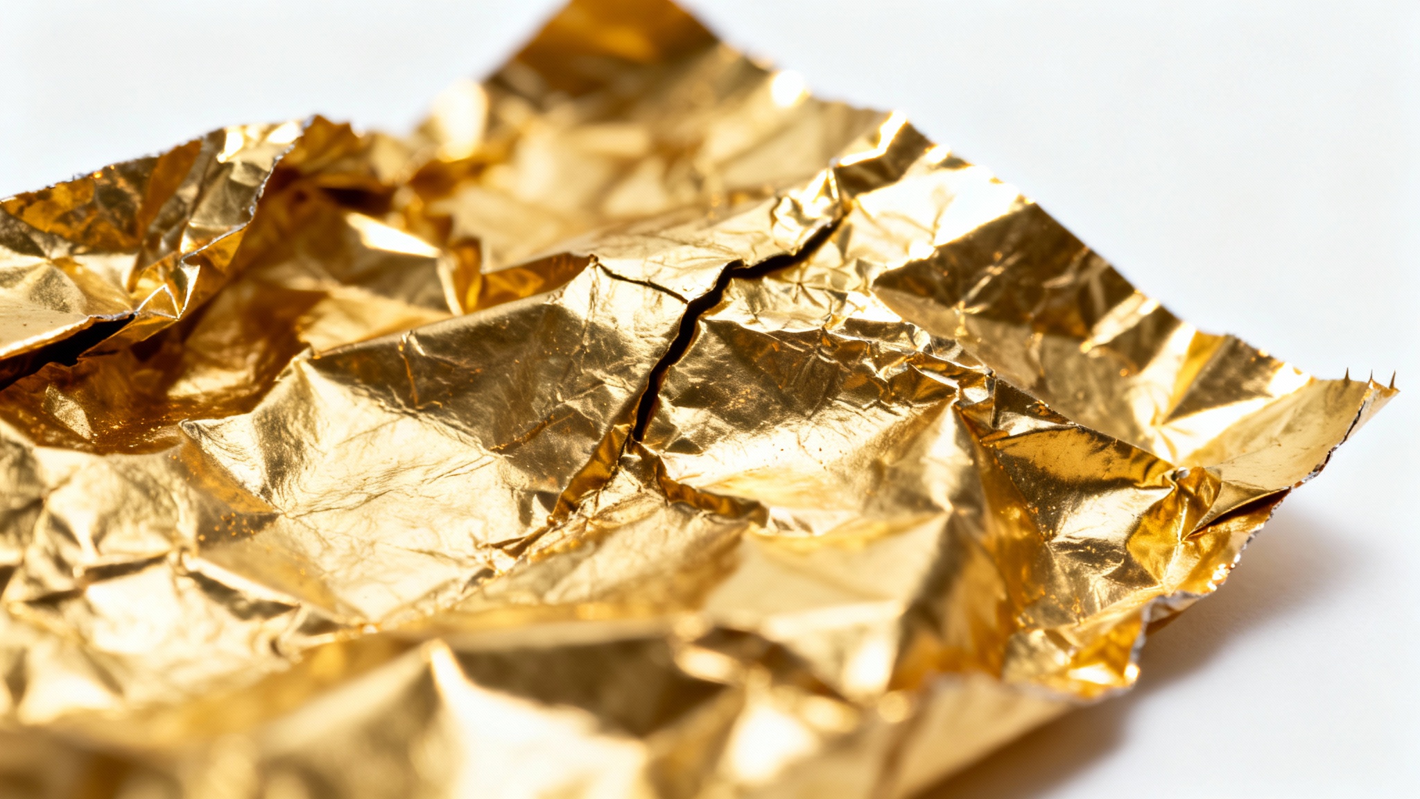A high-detail, macro shot of a crinkled gold foil texture on a clean white background, emphasizing its metallic sheen and intricate, creased surface.