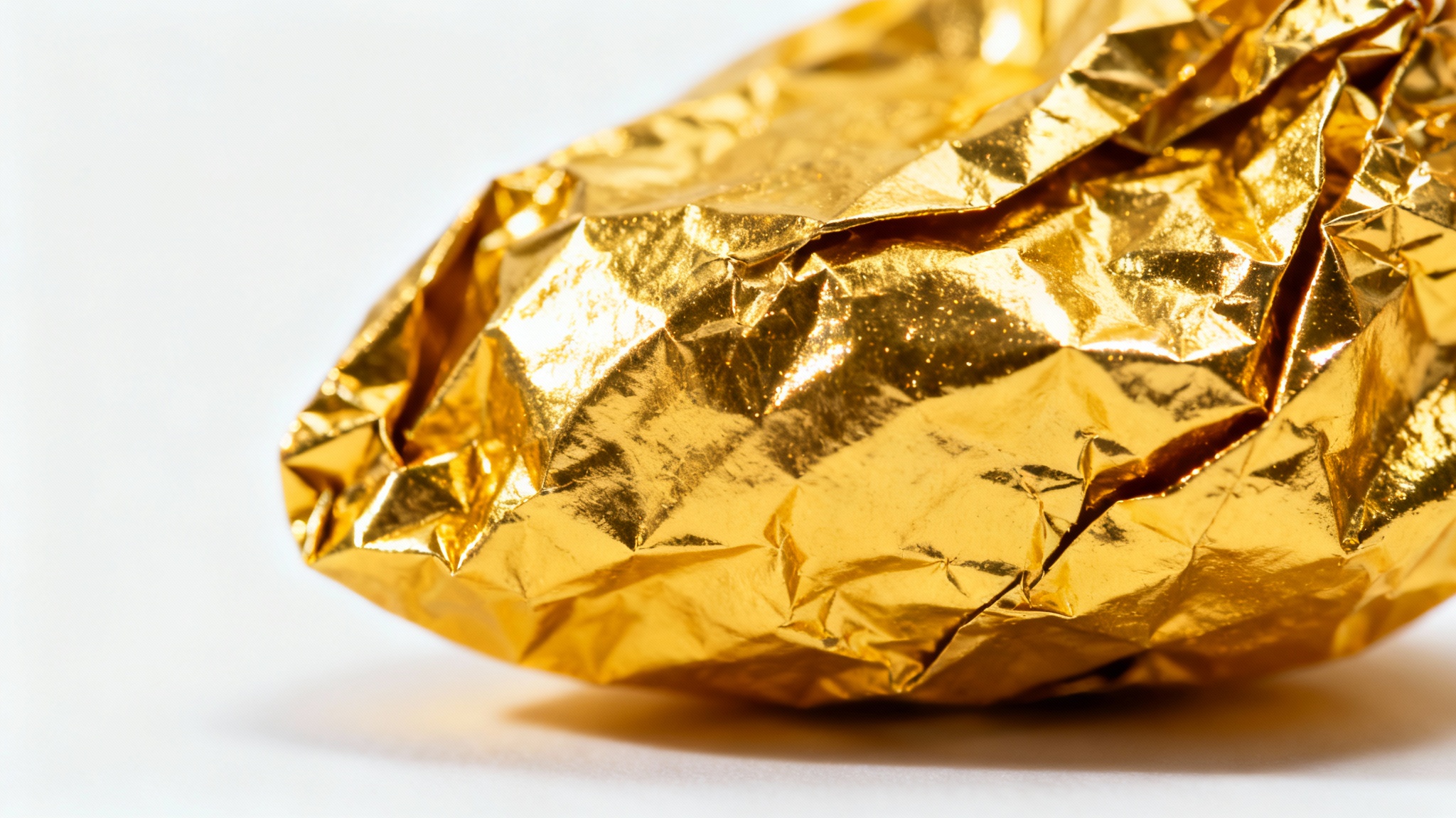 A detailed, photorealistic close-up of a crumpled gold foil texture, showcasing its metallic sheen and intricate wrinkles against a stark white background.