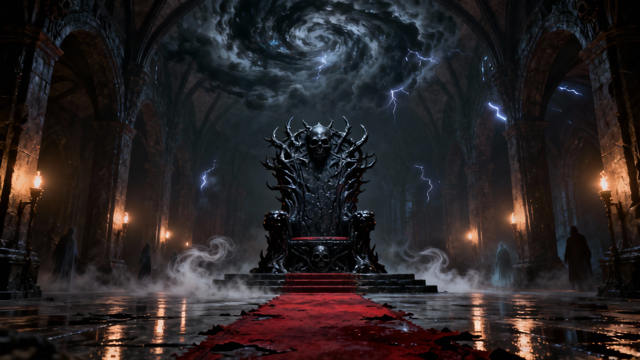 A cinematic view of a dark and menacing fantasy throne room, featuring a large, skull-carved stone throne, a tattered red carpet, and eerie shadows cast by torches, creating a tense and magical atmosphere.
