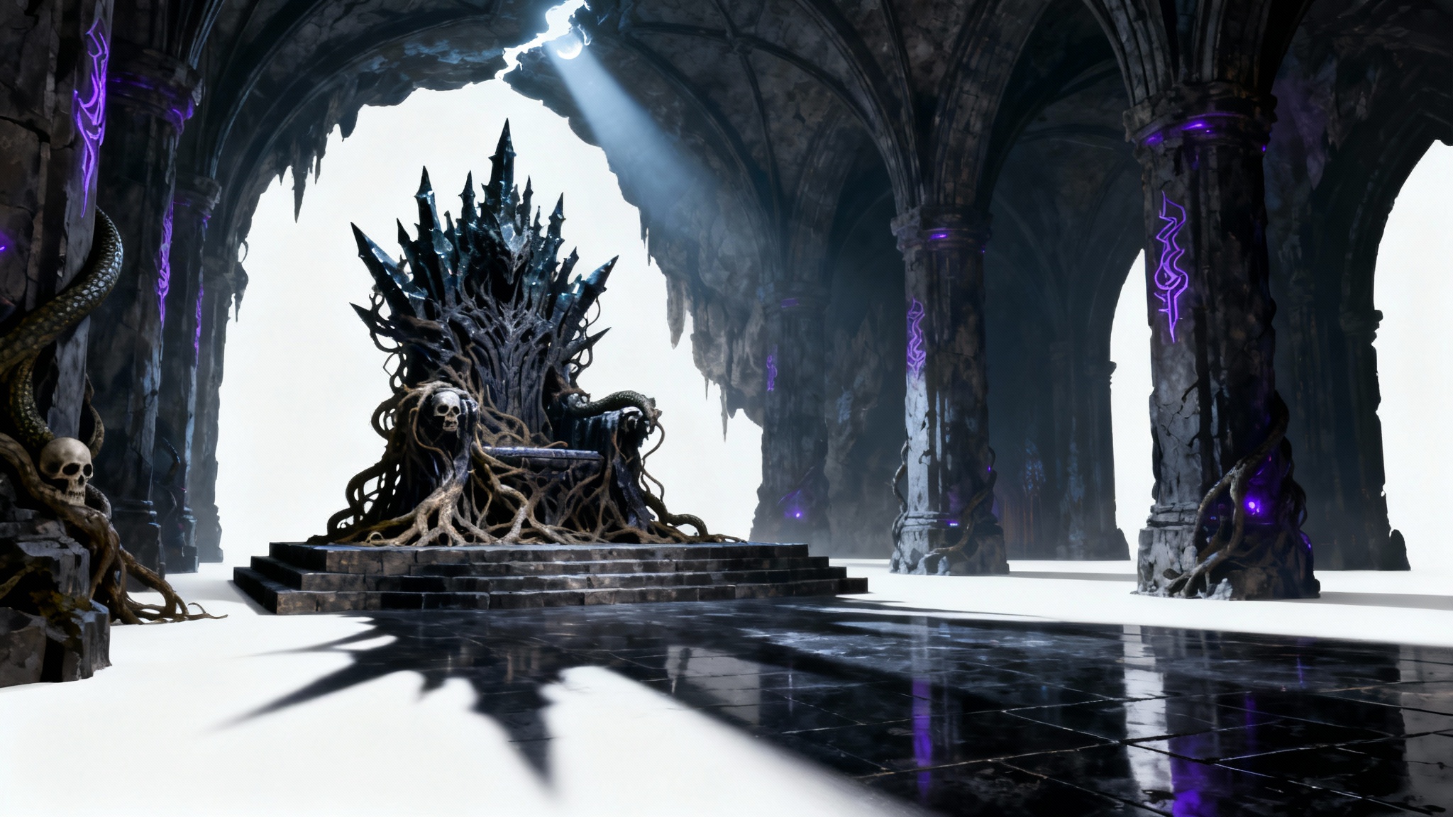 An imposing throne made of black obsidian and gnarled roots sits empty in the center of a vast, dark, and cavernous gothic hall, illuminated by a single shaft of light from above.