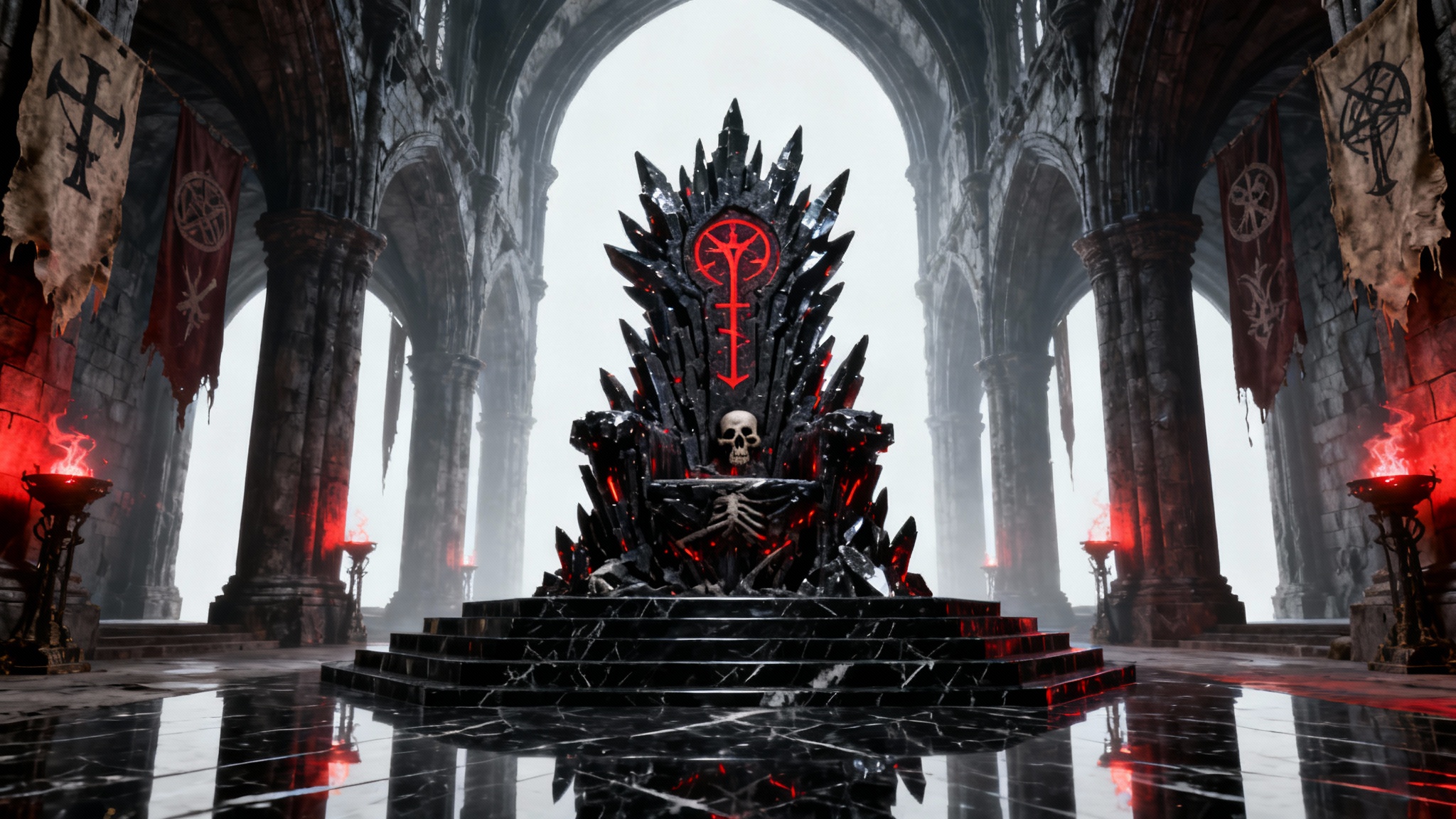 A grand and ominous dark fantasy throne room, featuring a large, jagged black throne illuminated by a red glow, set within a cavernous hall with gothic architecture and deep shadows.