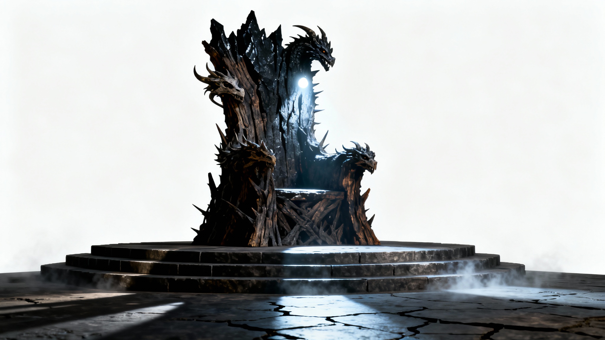 An empty, menacing throne made of black stone and dragon skulls in a dark fantasy throne room, highlighted by a single beam of moonlight, presented as a mockup on a white background.